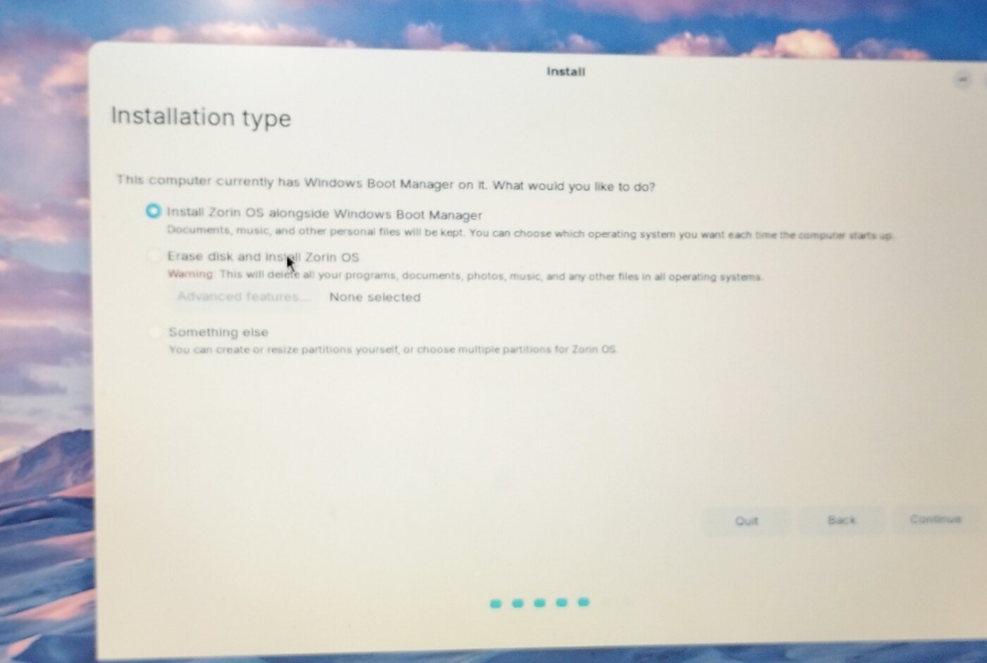 Zorin OS installation type screen showing Install alongside Windows Boot Manager, Erase disk and install, and Something else options
