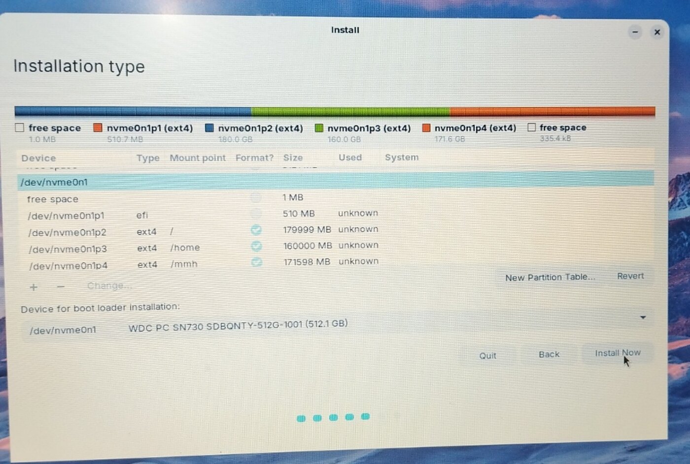 Manual partition layout showing EFI, root, home, and custom data partitions on a 512 GB NVMe SSD