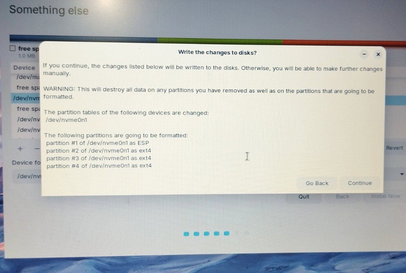 Installer write changes confirmation showing EFI and ext4 partitions that will be formatted