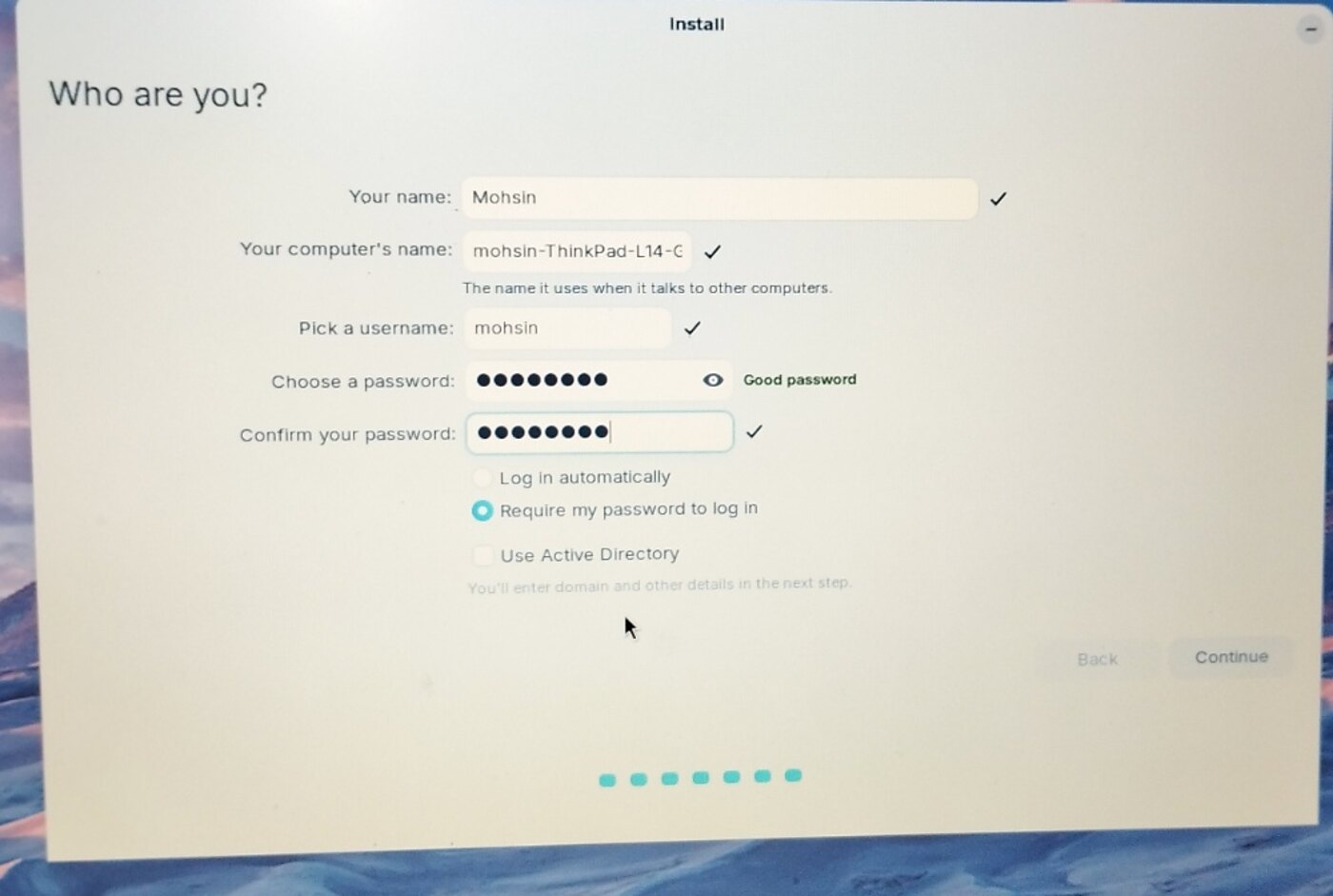Installer account setup screen showing username, computer name, password requirement, and Active Directory checkbox